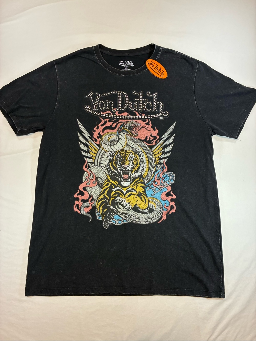 Von Dutch Black Tee with Tiger, Snake & Wing Graphic